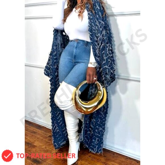 Oversized Ripped Denim Long Cardigan Distressed Hollow Open Front Duster - Picture 5 of 7